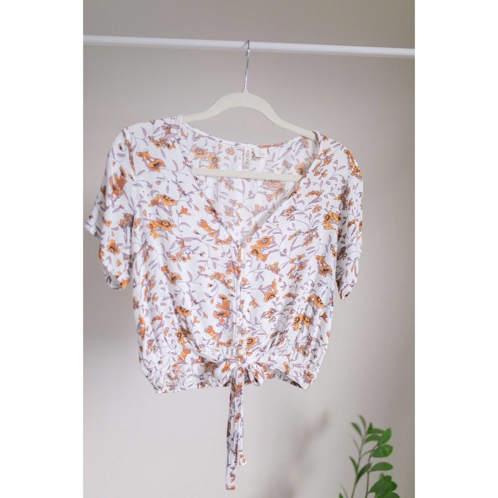 Sky and Sparrow Women Fall Floral Button Up Short Sleeve Blouse SZ M